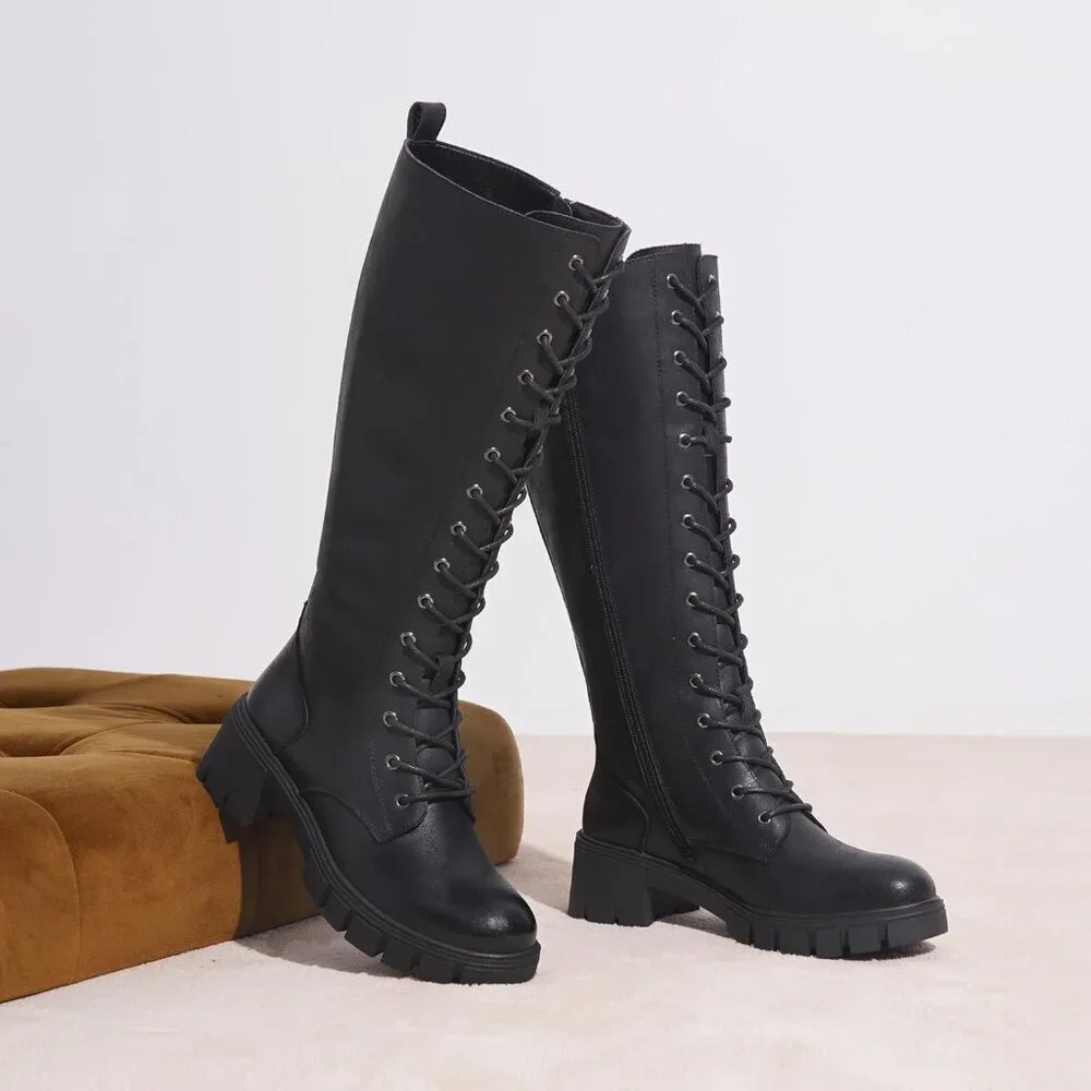 Women's Leather-black 953 Chunky Platform Heel Lace Knee High Combat Boots